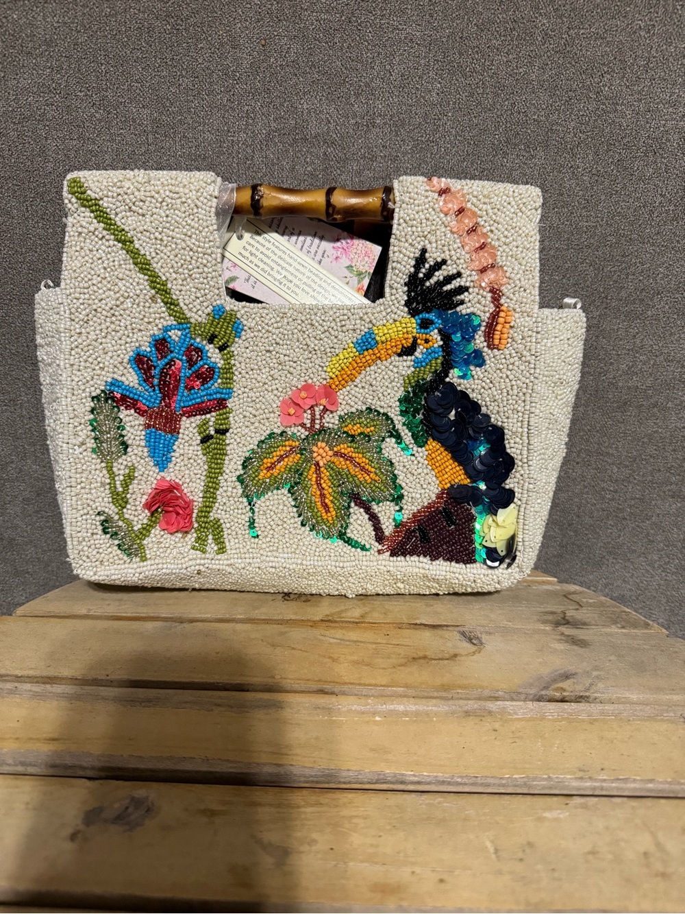 Handcrafted In India Beaded Bag with Toucan NWT